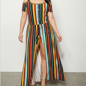 Plus Size - Striped Cold Shoulder Maxi Romper